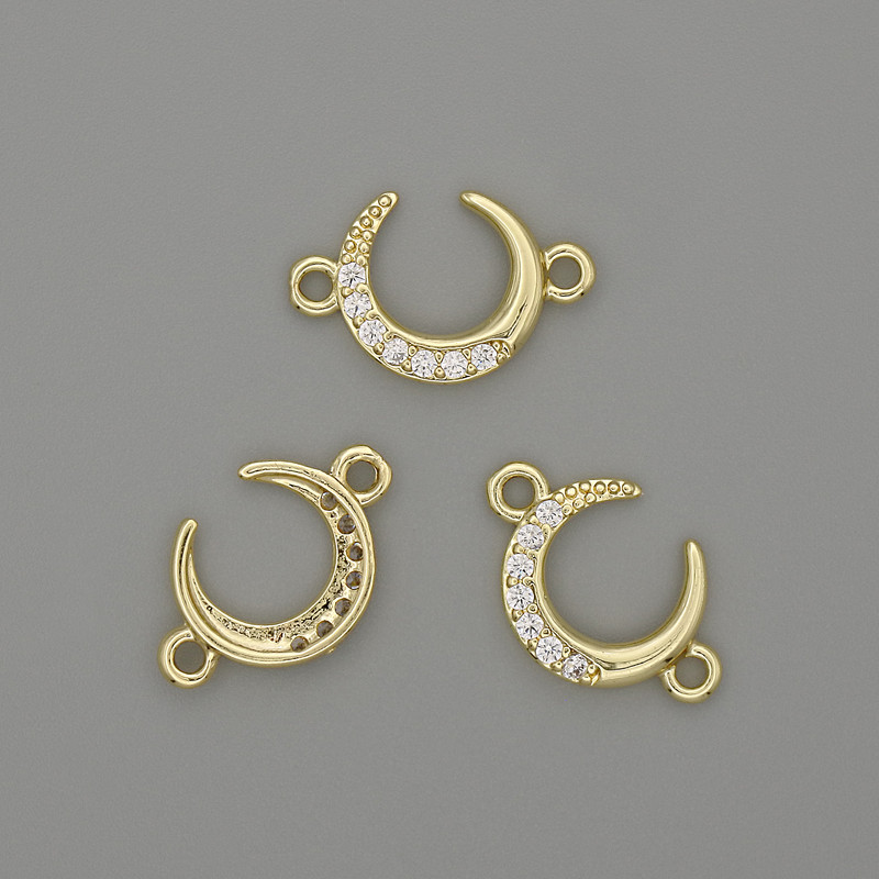 Moon Connector with white crystals, gold-tone metal 16×10.5 mm+