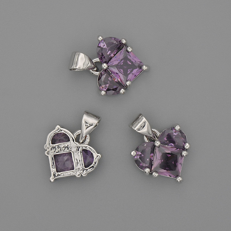 Кулон Серце фіолетові кристали 12х12мм+-, довжина 17мм+- сріблястий метал