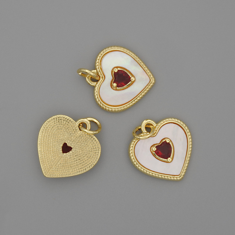 Pendant Mother-of-Pearl Heart 15×15 mm ±, red crystal, length 18 mm ±, gold-tone metal