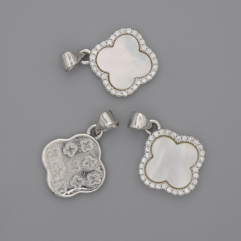 Pendant Mother-of-Pearl Clover with White Crystals 15x15 mm, length 22 mm, silver-tone metal