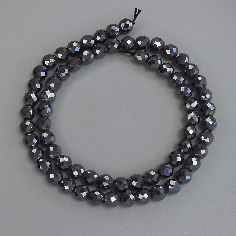 Hematite beads, faceted ball 6mm ±, on beading thread, length 38 cm+