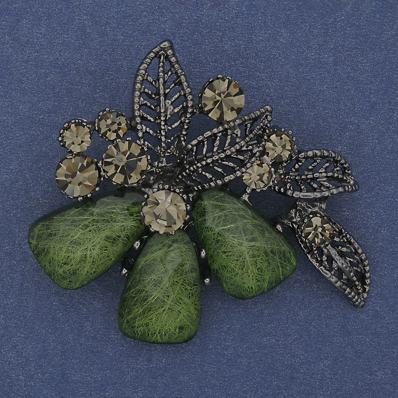 Brooch pendant Accent with green aquarium effect gray rhinestones silver-tone metal 43x48mm+