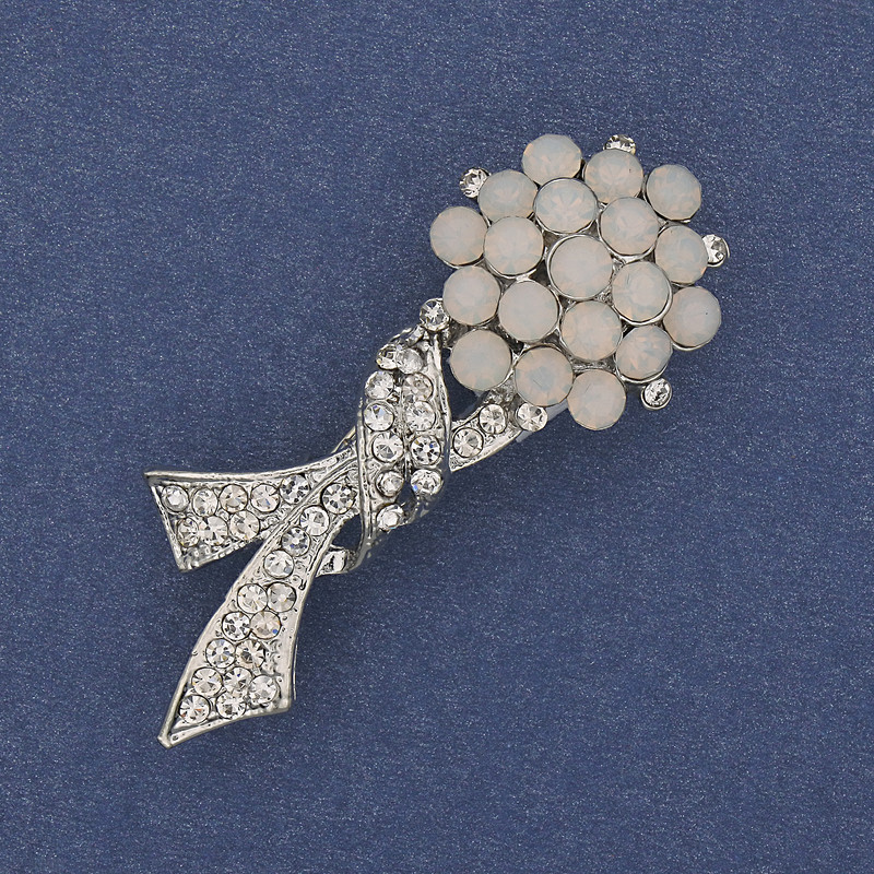 Bow Brooch with White and White-Matte Crystals, Silver Metal, diameter 48x17 mm +
