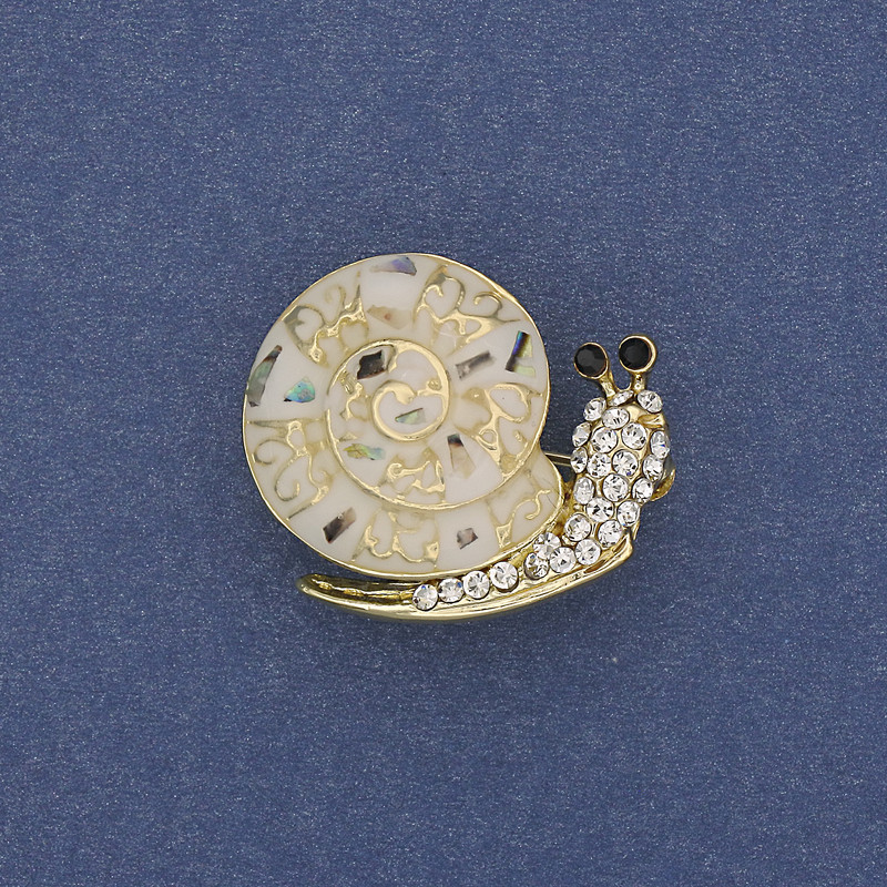 Brooch Snail Chalcedony White Crystals Gold-tone Metal 20×26mm+