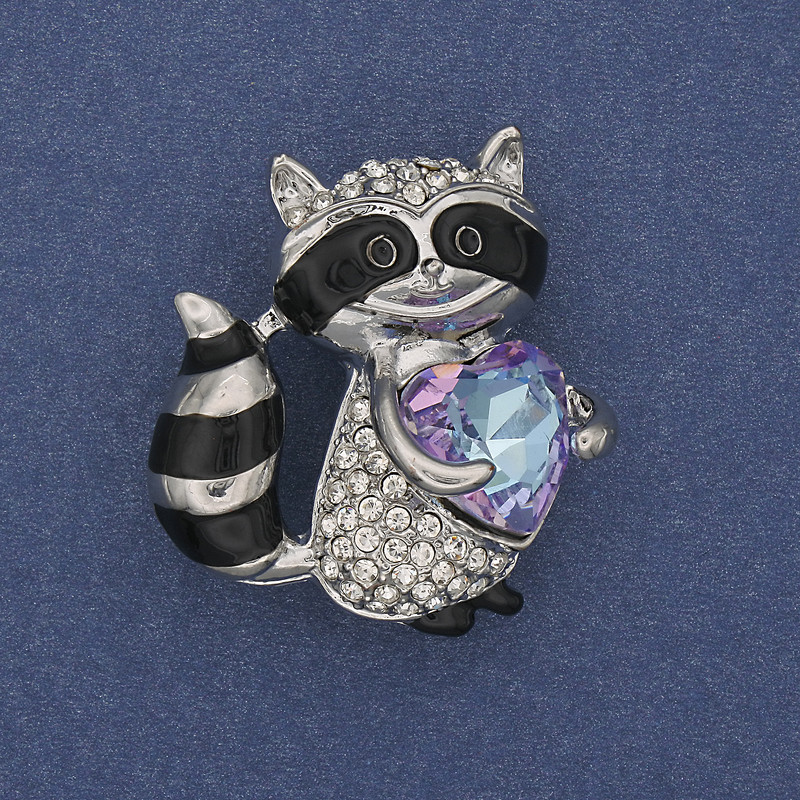 Raccoon brooch-pendant with white crystals, crystal heart, silver-tone metal, 32x30 mm+