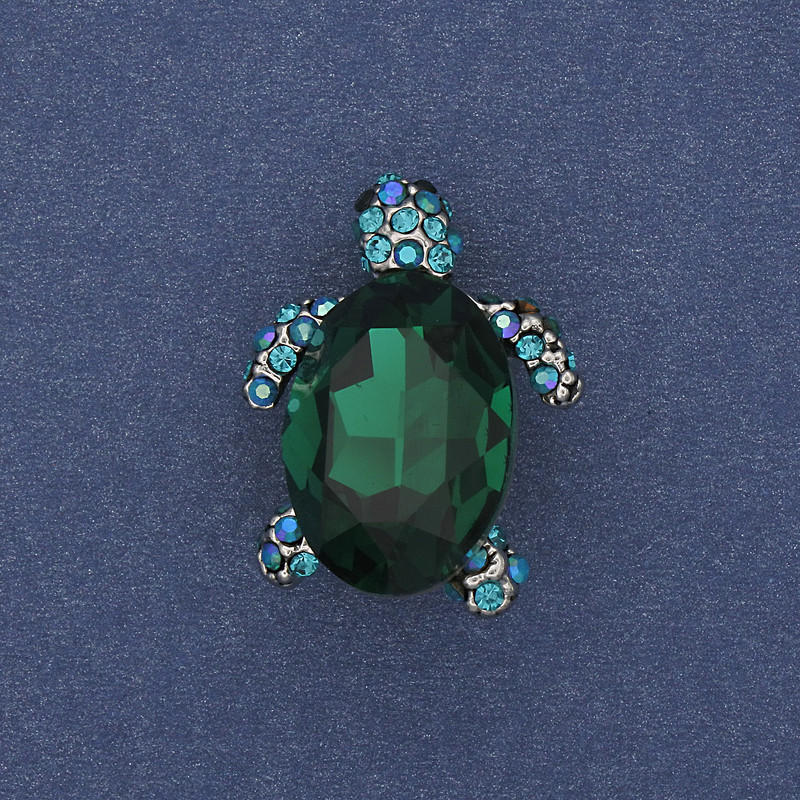 Brooch pendant Turtle green crystal silvery metal 24x18mm+