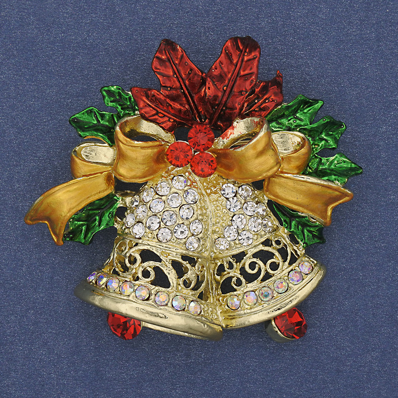 Brooch pendant 'New Year Bells' enamel, crystals, gold-tone metal 45x47mm+