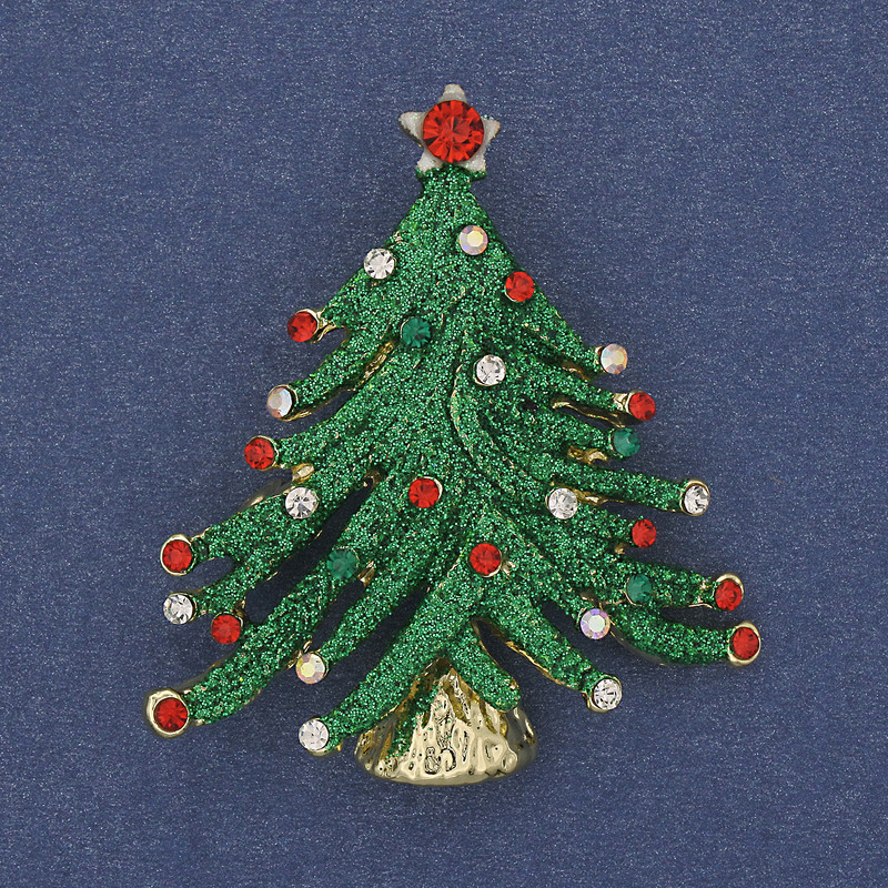 Brooch pendant New Year's Tree green enamel crystals gold-tone metal 43x37mm +