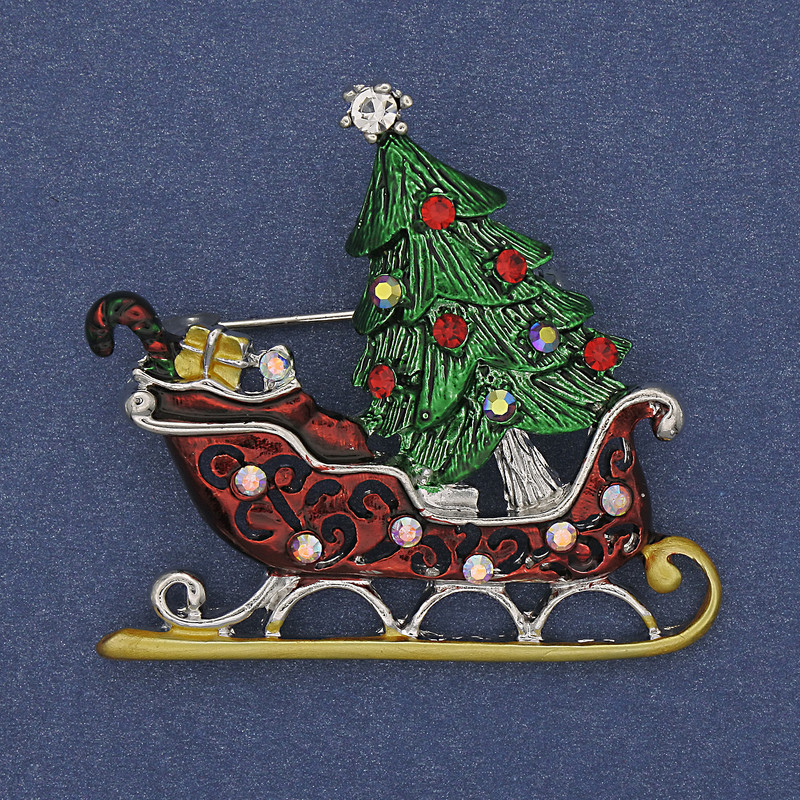 Brooch New Year Sleighs with color enamel, crystals, silver-tone metal 42×39 mm +