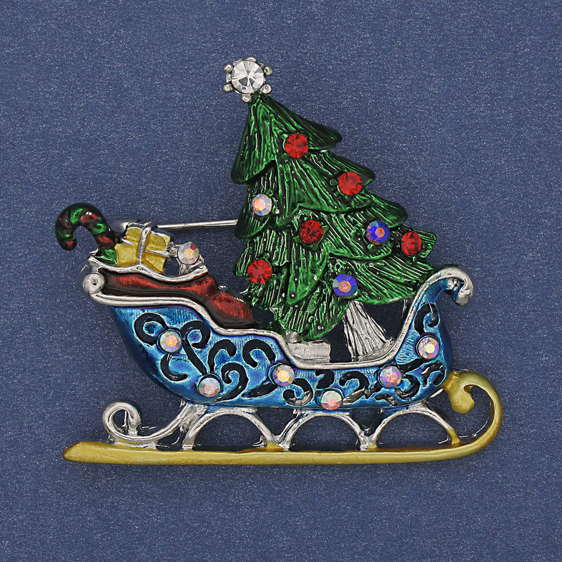 Brooch 'New Year Sleds' with colored enamel, crystals, silver-tone metal 42x39 mm +
