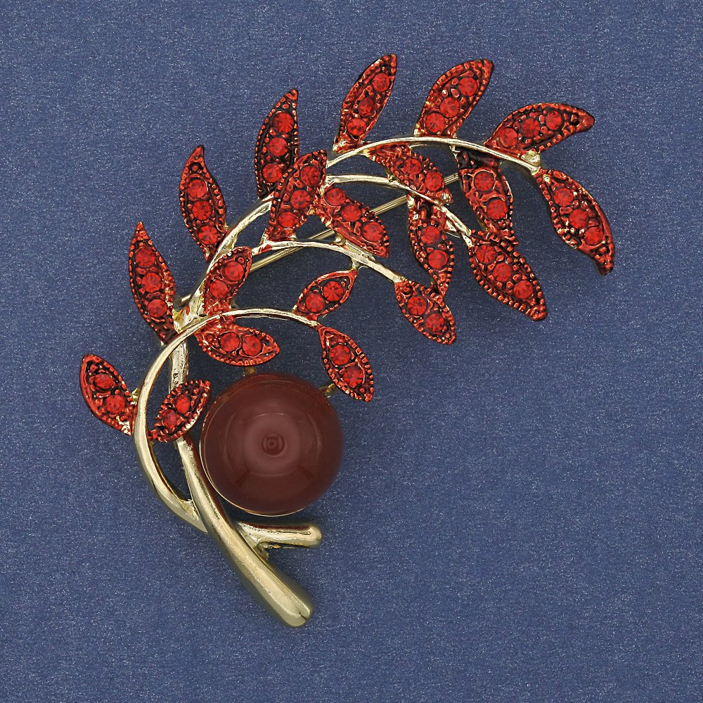 Brooch 'Twig' Carnelian with Red Crystals Gold-Tone Metal 54×46 mm +