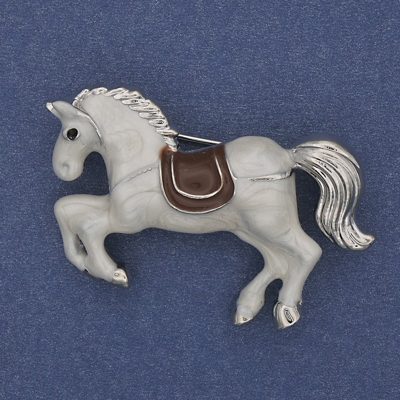 Horse Brooch-Pendant White Enamel Silver-Toned Metal 46x28mm+
