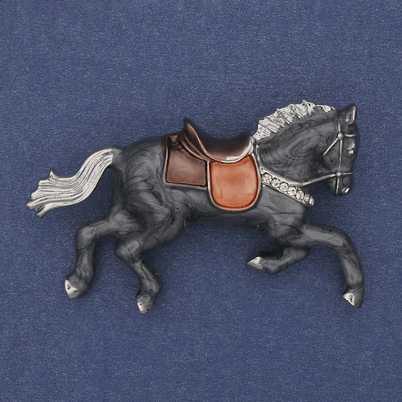 Brooch Horse Gray Enamel with White Crystals Golden Metal 50x32mm+