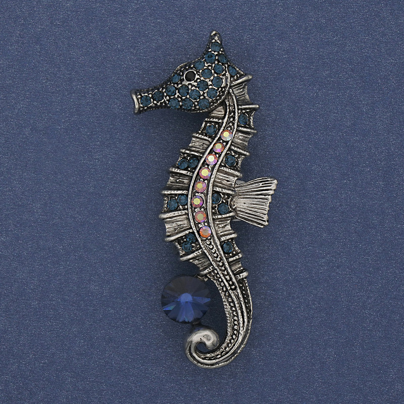Brooch-pendant Seahorse with colored rhinestones blue crystal silver metal 55x25mm+