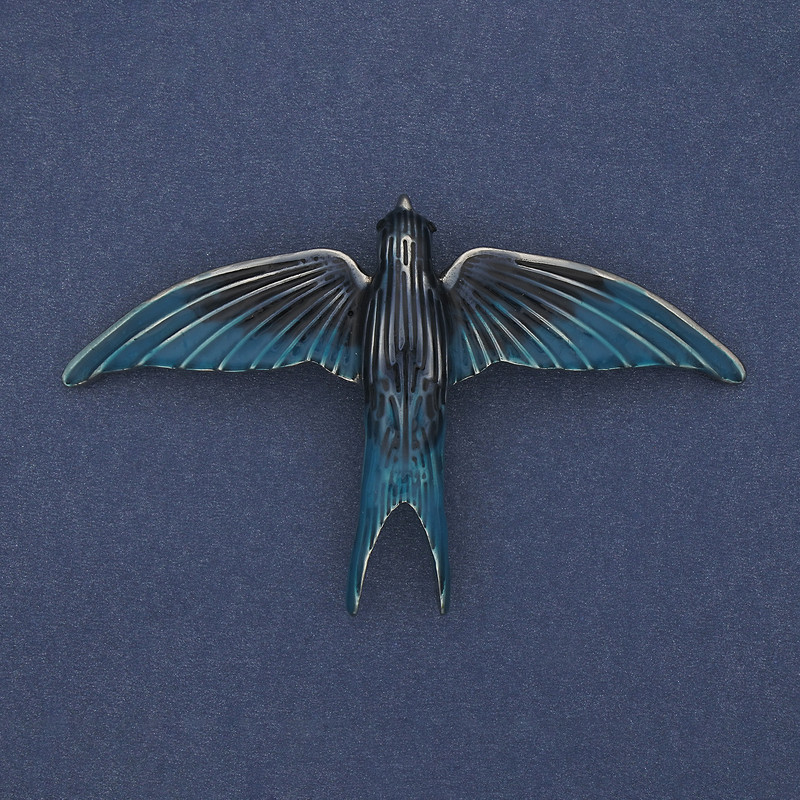 Swallow brooch-pendant gray-blue enamel on silvery metal 78x50 mm+