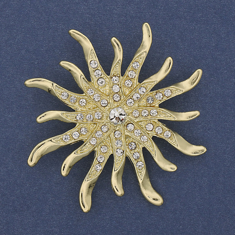 Sun Brooch with White Rhinestones, Gold-Tone Metal 54mm+