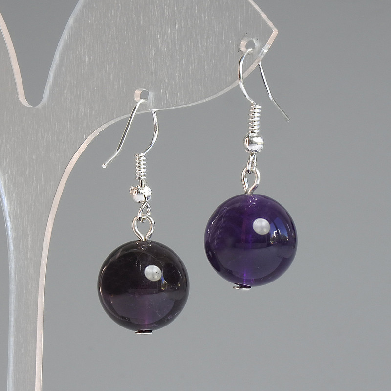 Amethyst Earrings with Natural Amethyst Gem, Smooth Ball, 14 mm Diameter, 32 mm Length, Silver-Toned Metal