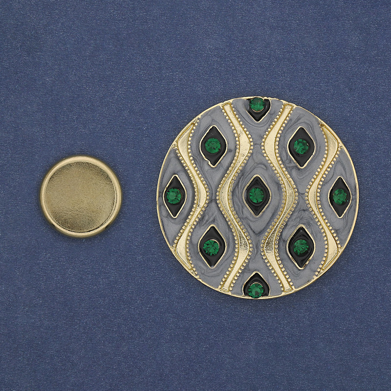 Magnetic Brooch Accent with Green Rhinestones 40mm ± Gray Enamel Gold-Tone Metal