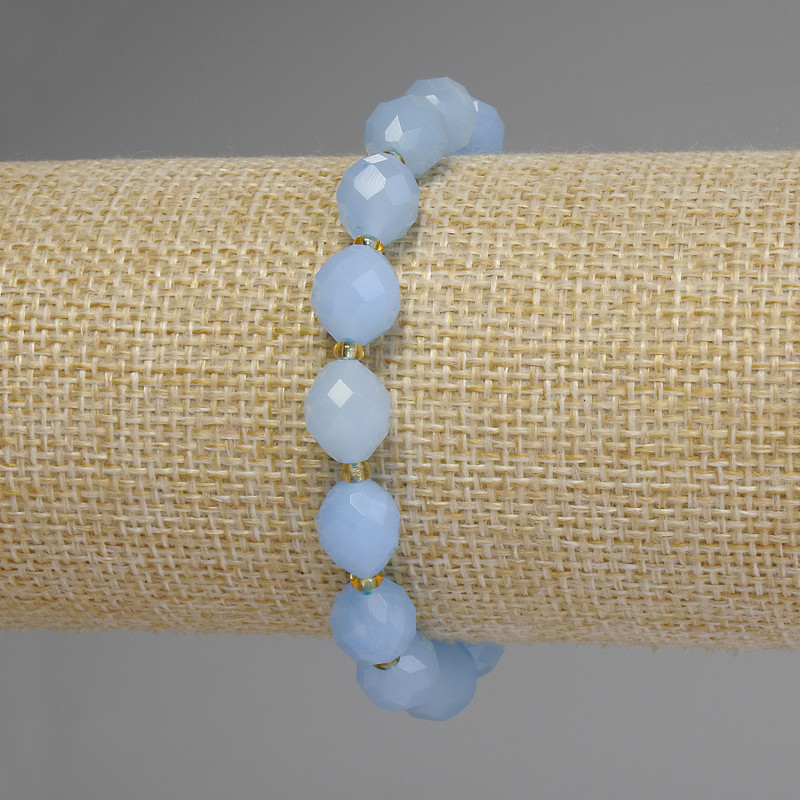 Aquamarine bracelet with faceted seed beads, diameter 10×8 mm, 5 mm +/- seed beads and 3 mm +/- beads, 18 cm stretch