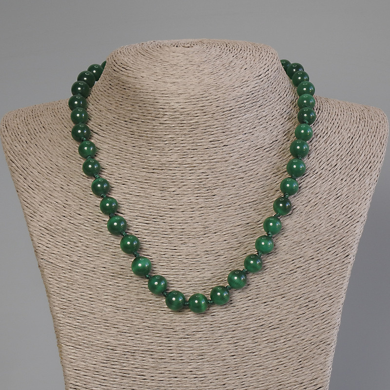 Green Cat's Eye Necklace, smooth beads, 9 mm diameter, 50 cm length with clasp