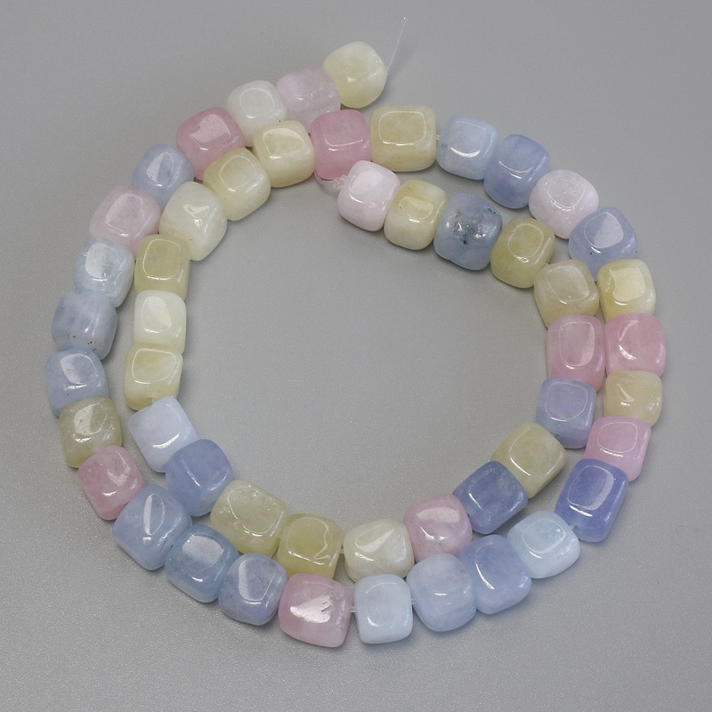 Morganite Cubic Beads, 7.5×7.5 mm diameter, 37 cm length on beading thread