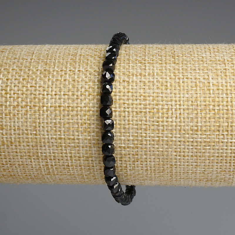 Black Tourmaline Bracelet with Faceted Cubes, 4x4 mm, 18 cm Length, Elastic