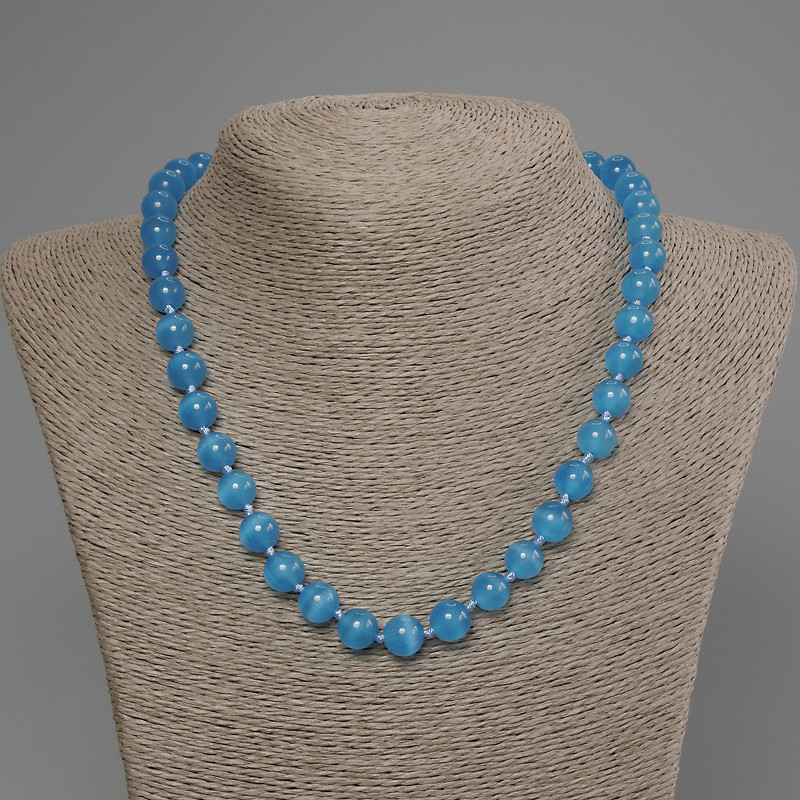 Azure Cat's Eye Necklace with smooth beads, 10 mm diameter ±, 50 cm length ± with clasp