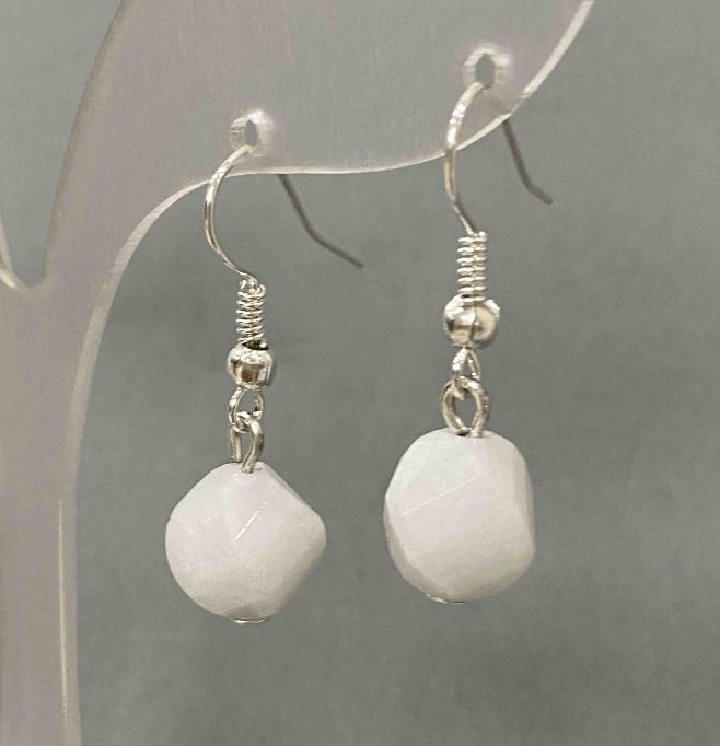 Earrings with White Quartz, Faceted Diamond Shape, 10x9 mm diameter, 31 mm length