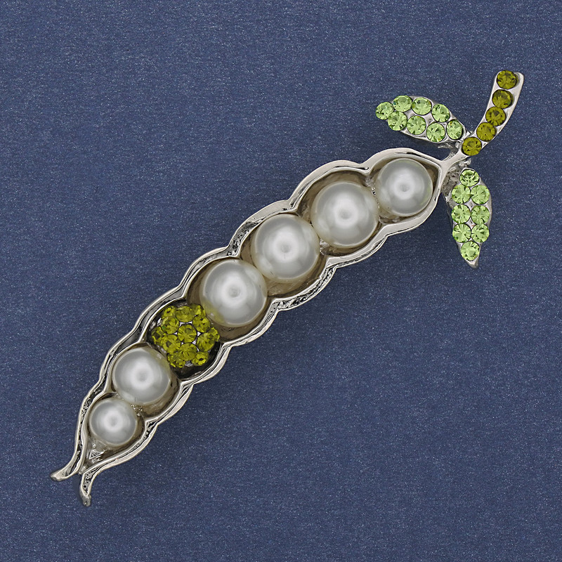 Brooch Bean Pod with Green Rhinestones and Pearls, Silver-Tone Metal 19x62mm+