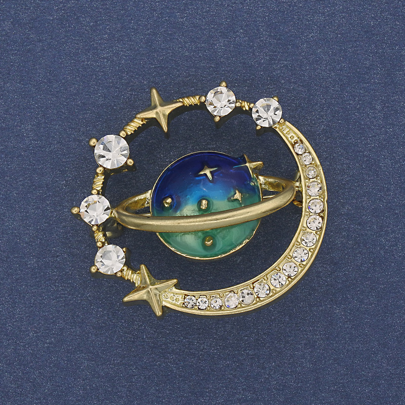 Planet Brooch enamel white crystals gold-tone metal 30mm+