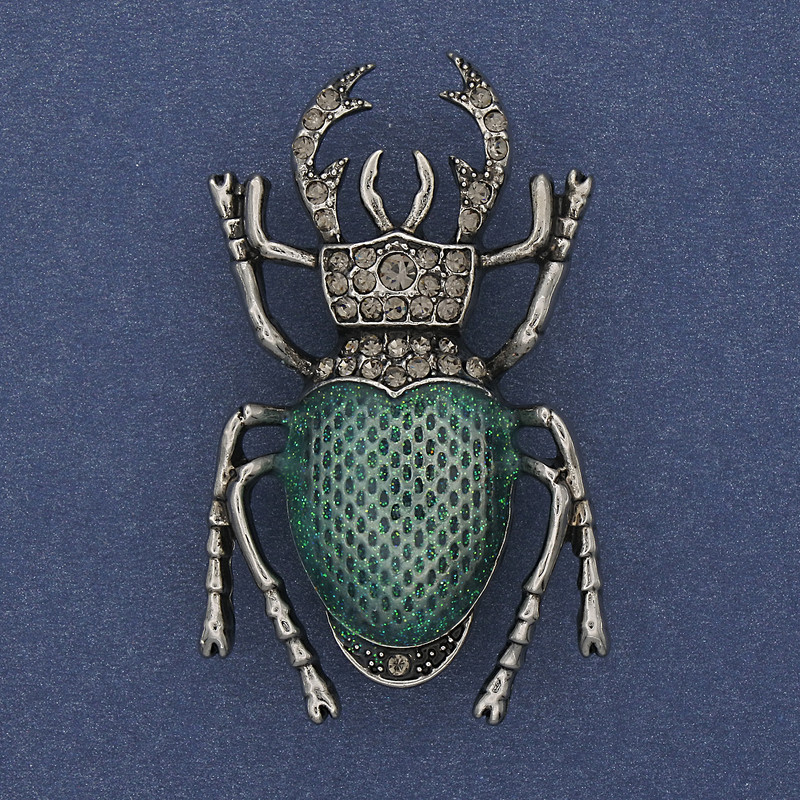 Beetle Scarab Brooch Green Enamel Gray Rhinestones Silver-Toned Metal 27x46mm+