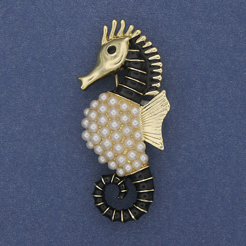 Seahorse Brooch in Black and Gold Enamel