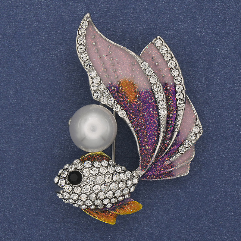 Fish Brooch-Pendant with Violet Enamel, White Crystals, Pearl, Gold-Tone Metal, 47 × 32 mm +