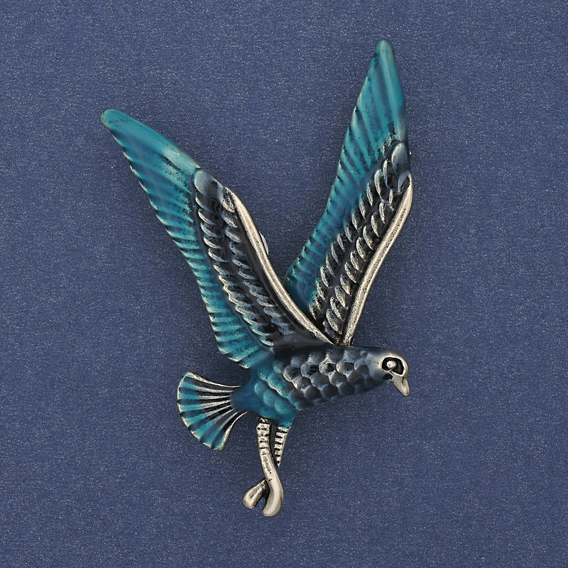 Bird Brooch, blue and silver enamel on golden metal, 38x56 mm +
