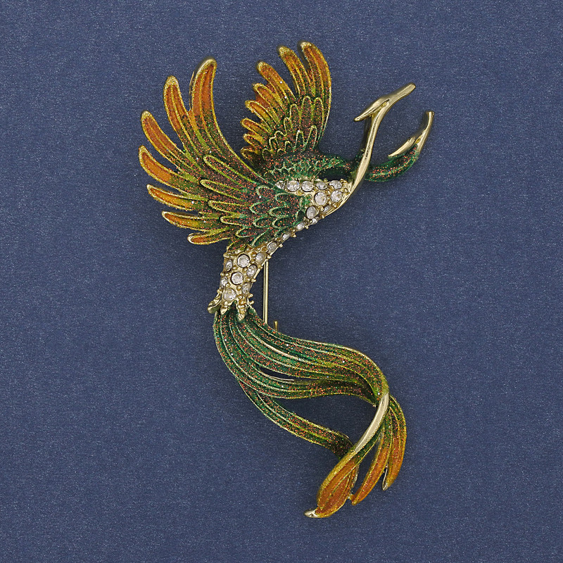 Bird Brooch, green and yellow enamel, crystals, golden metal, 43x67 mm +