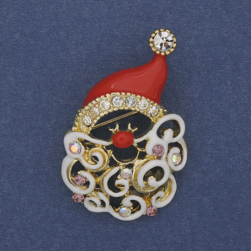 Brooch Santa Christmas red enamel rhinestones gold-tone metal 26x38mm +