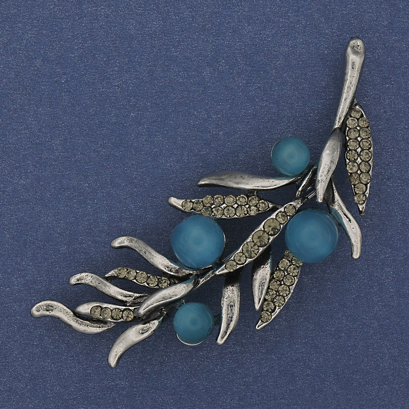 Brooch Sprig with Blue Cat's Eye, Gray Crystals, 67x26mm, Silver-Tone Metal