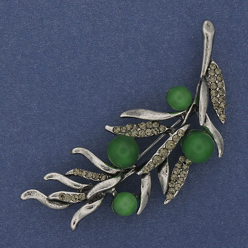 Twig Brooch with Green Cat's Eye and Gray Crystals, 67×26 mm, Silver-Toned Metal