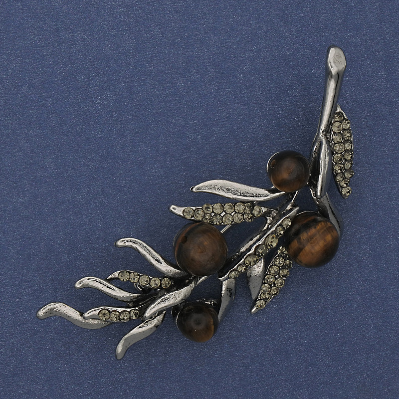 Brooch Twig with Tiger's Eye and Gray Rhinestones 67x26mm Silver-tone Metal