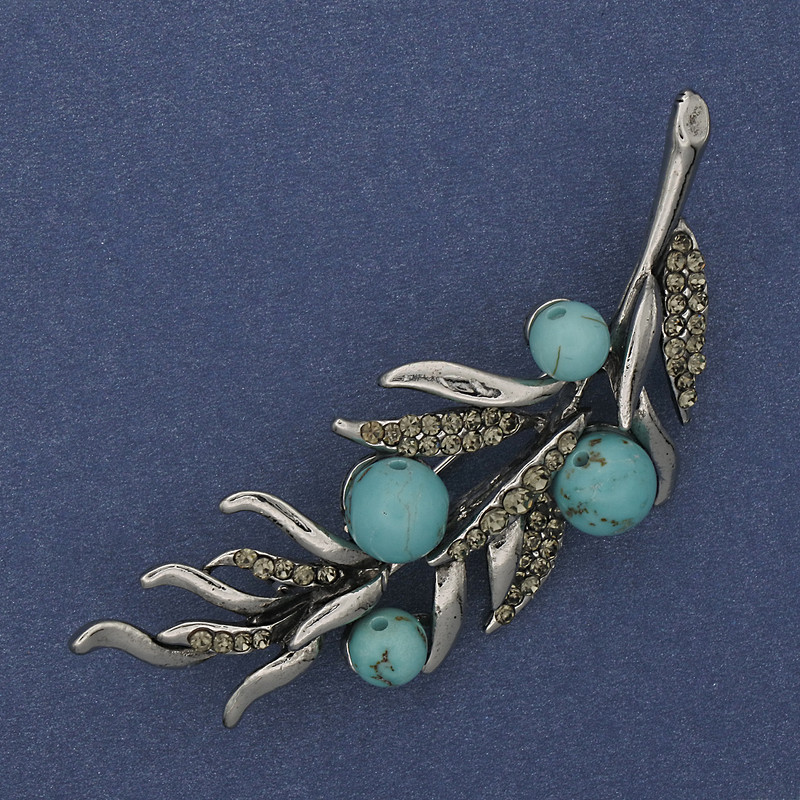 Brooch 'Turquoise Sprig' with Gray Crystals, 67x26 mm, Silver-Colored Metal