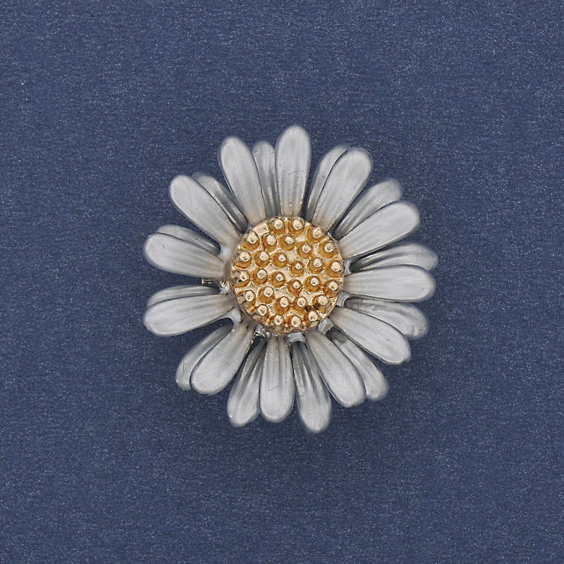 Brooch Daisy with Delicate Blue and Gold Enamel on Silvery Metal 26 mm+