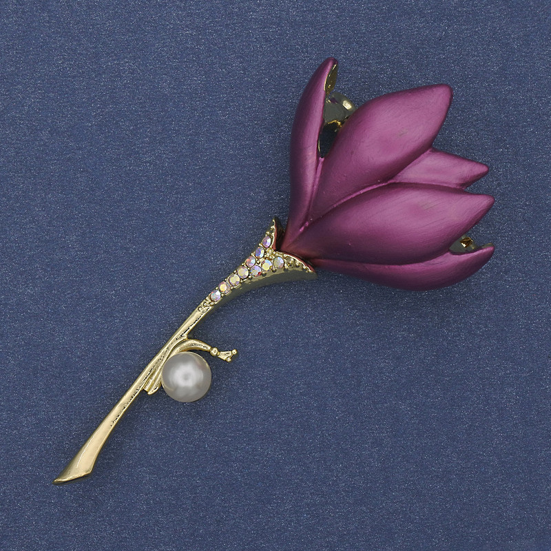 Brooch pendant Flower lilac enamel Pearl crystals golden metal 29x64mm+