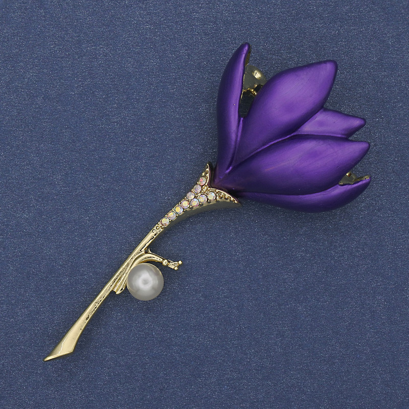 Brooch-pendant Flower purple enamel Pearl crystals gold-tone metal 29x64mm+