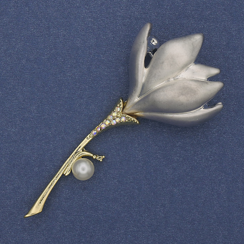 Brooch-pendant Flower with silver enamel, pearl, crystals, gold-toned metal 29x64 mm+
