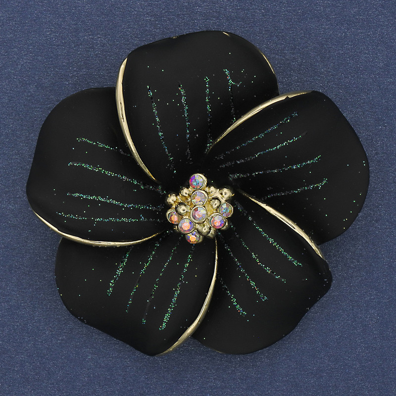 Brooch pendant Flower black matte enamel iridescent crystals gold-tone metal 49x49mm+