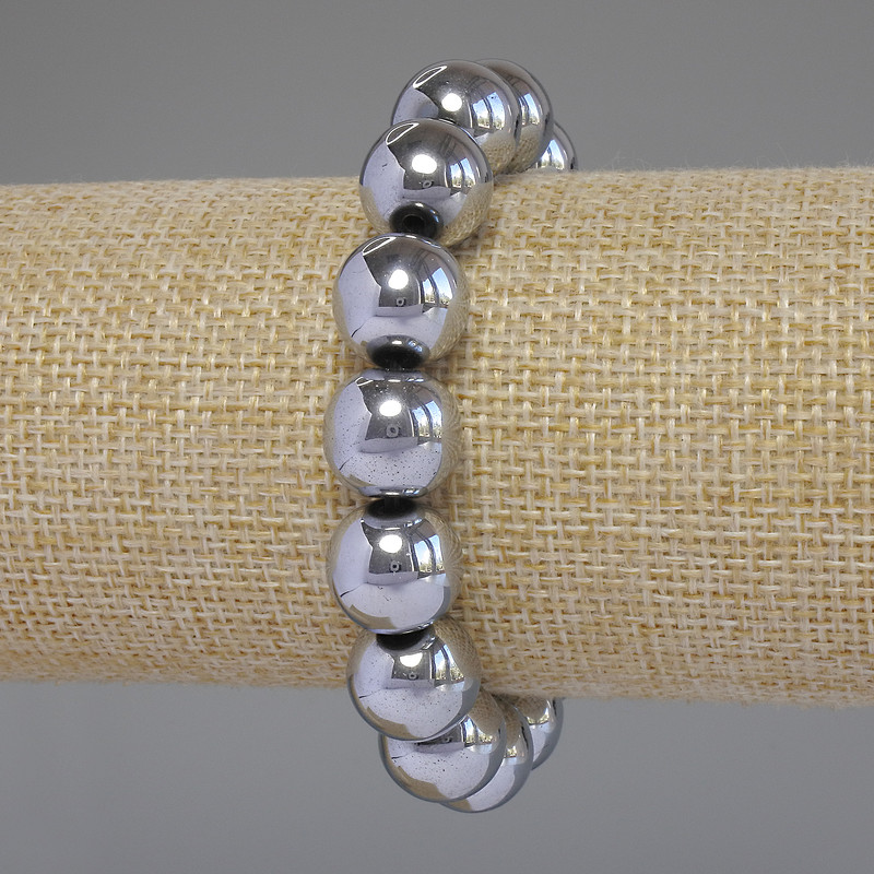Hematite Bracelet, Silver-Colored, Smooth Beads, 12mm Diameter, 18cm Stretch