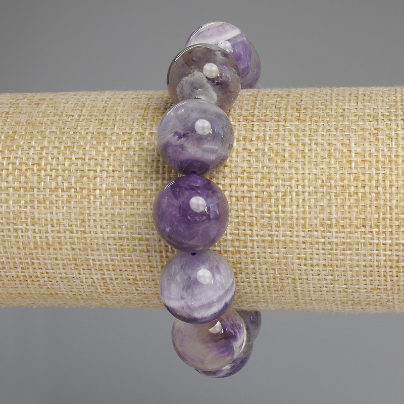 Chevron Amethyst Bracelet with Smooth Beads, 16 mm Diameter, 18 cm Length, Stretch