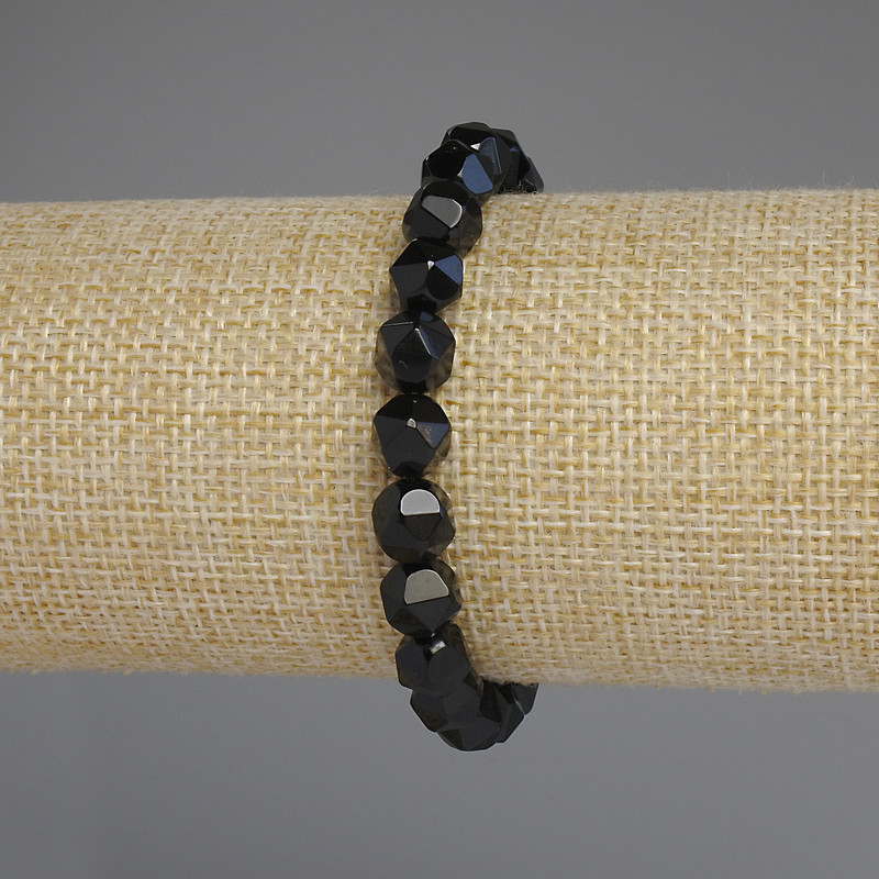 Black Onyx Bracelet with Faceted Beads, 8x7 mm diameter, 18 mm length, stretch