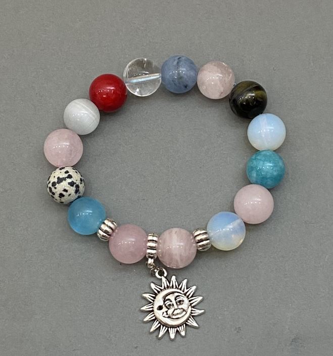 Assorted Bracelet (Aquamarine, Moonstone, Cat's Eye) Beads, 12mm diameter, 18 cm length, stretch