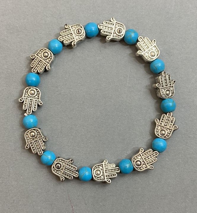 Браслет бірюзовий кулька 6мм+- з вставкою "Долоня" обхват 18 см на резинці
